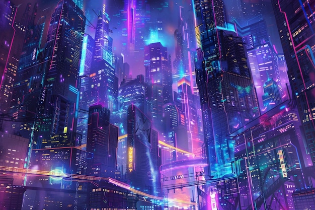 Futuristic neonlit cyberpunk cityscape with towering skyscrapers vibrant colors and glowing lights in a night setting