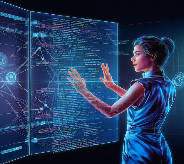 Futuristic networking technology remix with woman using virtual screen