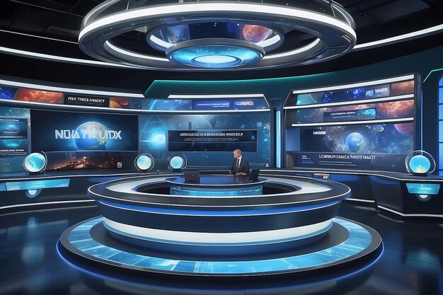 futuristic news set with floating glowing orbs that represent different news categories