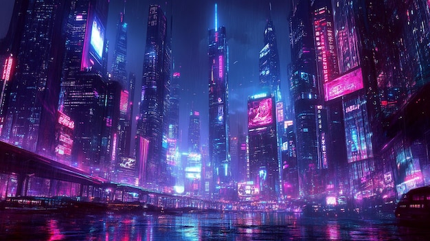 Futuristic Night City Cyberpunk Neon Lights Urban Landscape