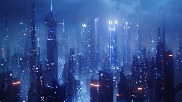 Futuristic Night City Skyline with Illuminated Skyscrapers