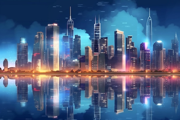 Futuristic Night city with skyscrapers and reflections on the water