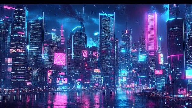 Futuristic Night Cityscape with Neon Lights Wallpaper Cyberpunk Neo Urban Landscape