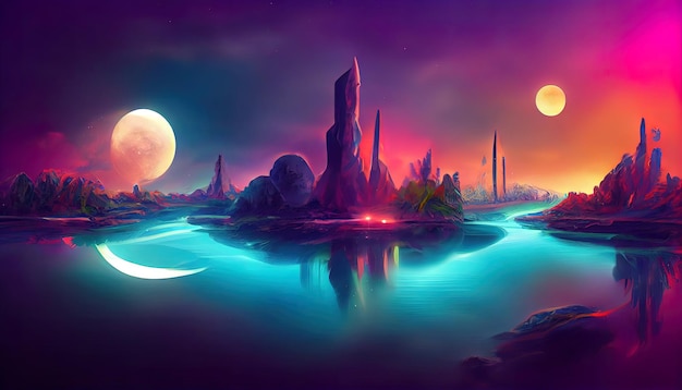 Futuristic night landscape with abstract landscape and island moonlight shine Dark natural scene with reflection of light in the water neon blue light Dark neonGenerative Ai