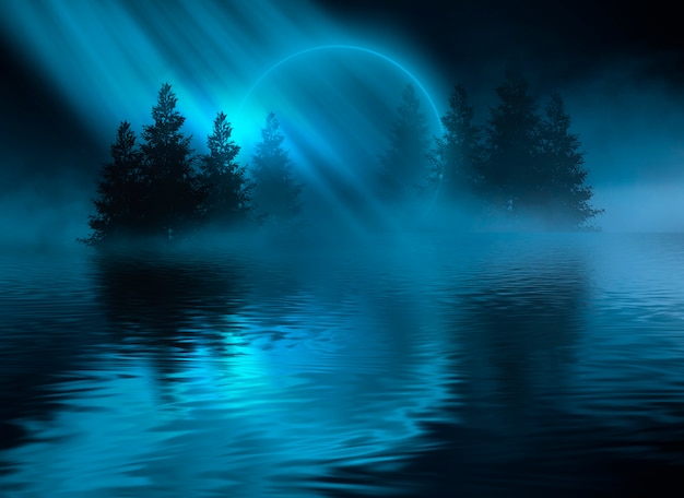 Futuristic night landscape with abstract landscape and island, moonlight, shine. Dark natural scene with reflection of light in the water, neon blue light.