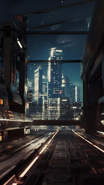 Photo a futuristic night scene with a cityscape in the background