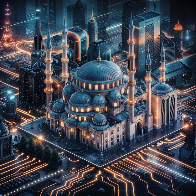 Photo futuristic nighttime cityscape with mosque interconnected by neon pathways modern and futuristic a