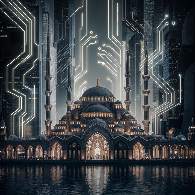 Photo futuristic nighttime cityscape with mosque interconnected by neon pathways modern and futuristic a