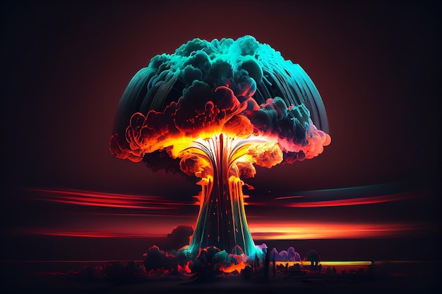 Futuristic nuclear explosion future war neon colors dark background created with generative ai technology