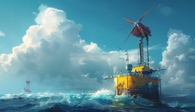 Futuristic ocean platform with large wind turbine powers through choppy waters