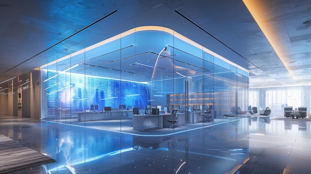 Futuristic office building with transparent walls and digital displays