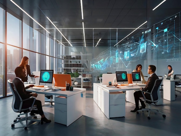 Photo futuristic office cover diverse professionals holograms data analysis and career growth