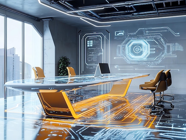 Futuristic office environment with digital circuits layered over a blurred background featuring workstations and natural light