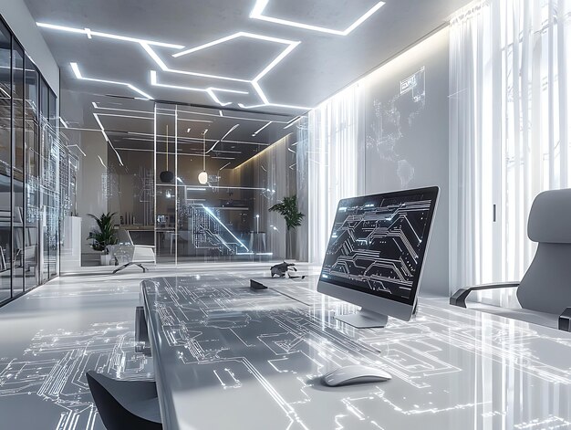 Photo futuristic office environment with digital circuits layered over a blurred background featuring workstations and natural light