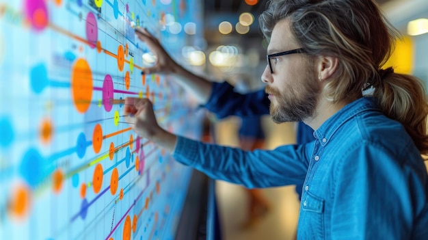 In a futuristic office a female data scientist wearing glasses works on a holographic interface conducting data analysis with cuttingedge technology