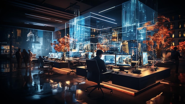 Futuristic Office Illuminated by Blue Lighting Equipment