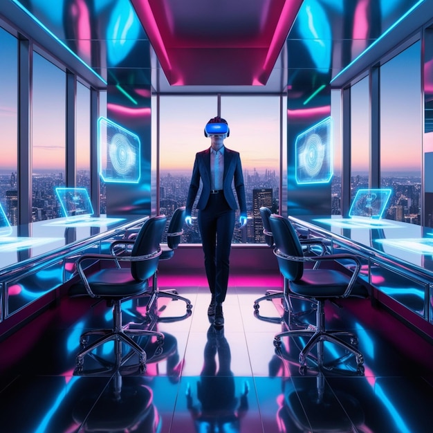 Photo a futuristic office scene rendered in vibrant highcontrast colors