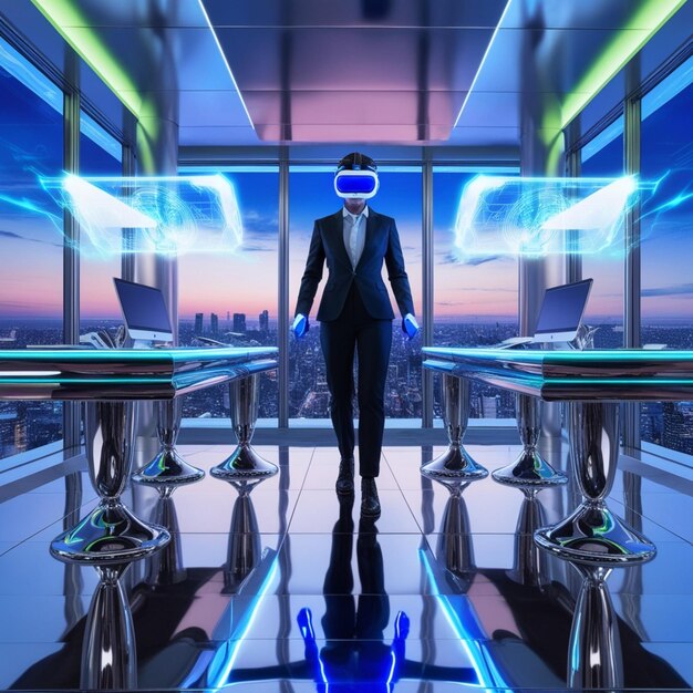 Photo a futuristic office scene rendered in vibrant highcontrast colors