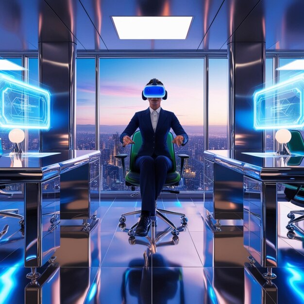 Photo a futuristic office scene rendered in vibrant highcontrast colors