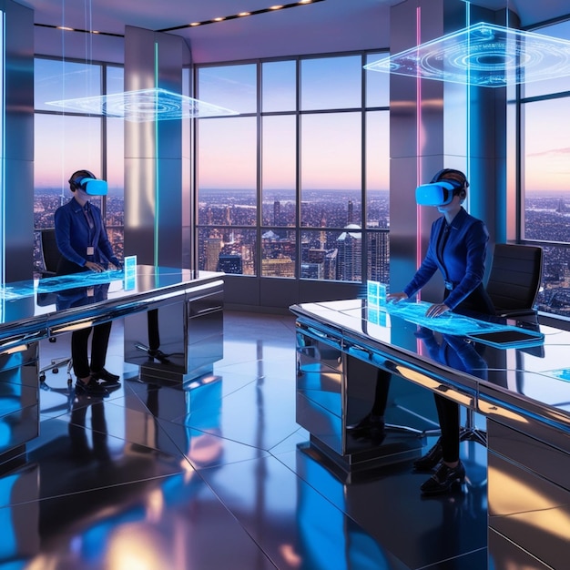 Photo a futuristic office scene rendered in vibrant highcontrast colors