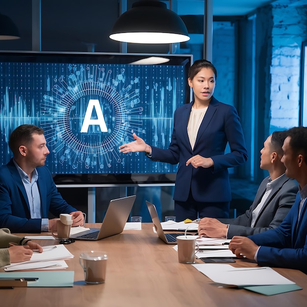 A futuristic office scene where a project manager is intently overseeing a virtual reality simulatio