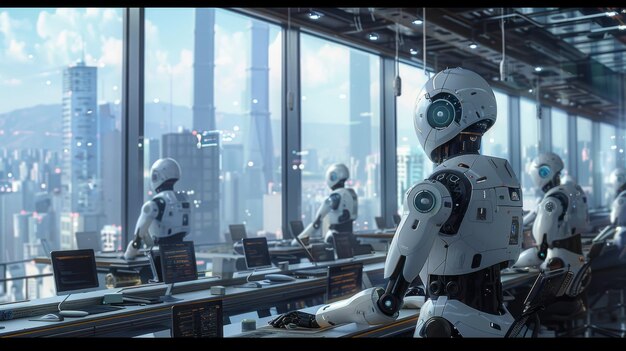 Photo futuristic office scene with humanoid robots working at desks overlooking a city skyline through large windows