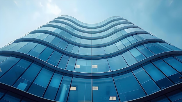 Futuristic office skyscraper with curved glass windows viewed from below Concept Architecture Modern Buildings Skyscrapers Glass Facade Futuristic Design