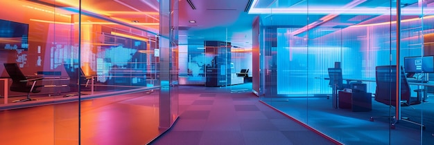 Futuristic Office Space with Neon Lighting A modern office with neon blue and orange lights i