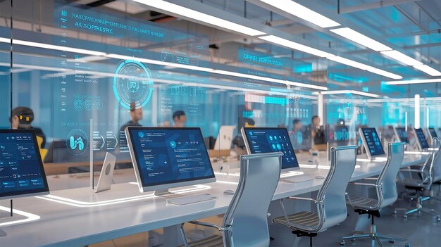 Photo futuristic office space with sleek computers and large transparent screens showcasing advanced soft