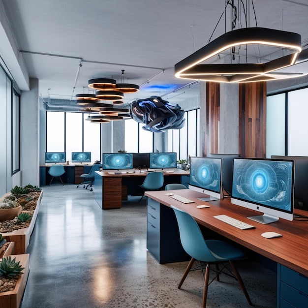 A futuristic office space with sleek desktops adorned with modern computers infused with Generative