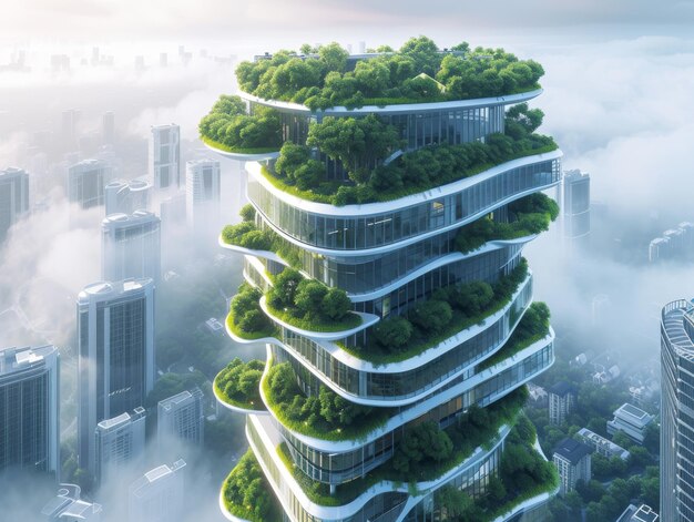 A futuristic office tower equipped with advanced climate control systems