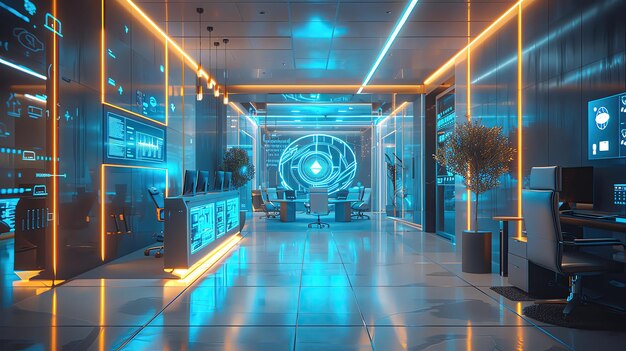 A futuristic office with advanced technology and neon lights featuring digital screens modern furniture and a hightech sleek design