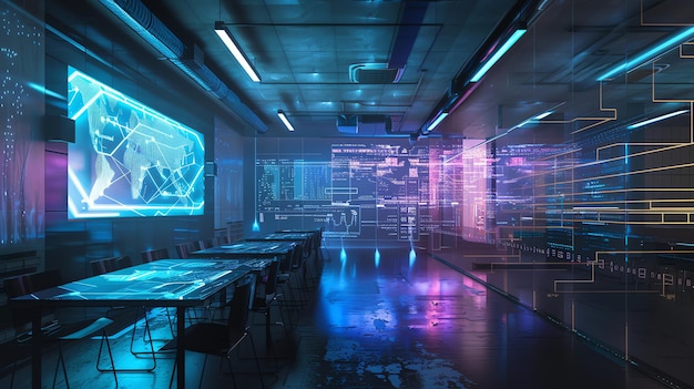 Futuristic office with glowing holographic displays and a futuristic feel