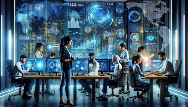 Futuristic Office with Interactive Technology and Teamwork