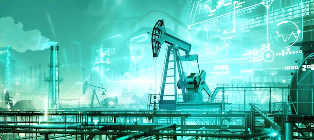 Futuristic oil pump jack illuminated by data visualizations at twilight