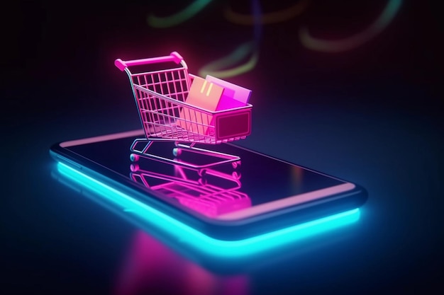 Futuristic online payment shopping with cart on a phone in a dark background