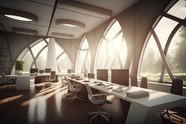 A futuristic open office with a zenlike atmosphere featuring calming music and natural lighting