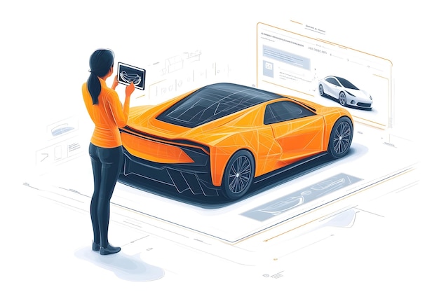 Photo futuristic orange electric sports car concept showcased in digital presentation