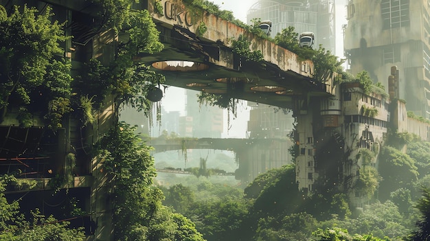 A futuristic overgrown city with lush vegetation covering abandoned buildings