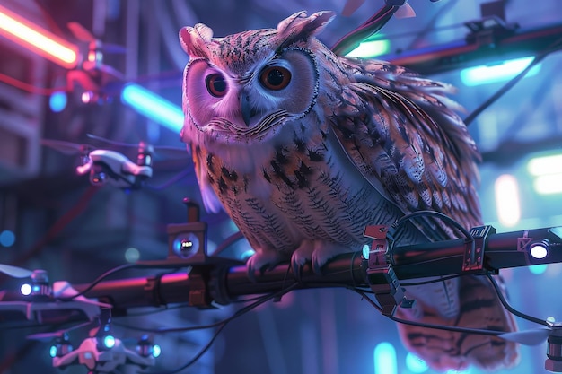 A futuristic owl perched on a bar illuminated by colorful neon lights creating a cyberpunk atmosphere