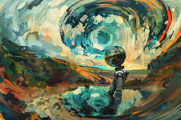 Futuristic painting of robot exploring swirling colorful landscape with surreal sky and water reflection blending art and technology