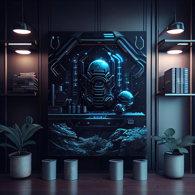 Futuristic panels and decorative elements in dark tone scifi futuristic interior created with genera