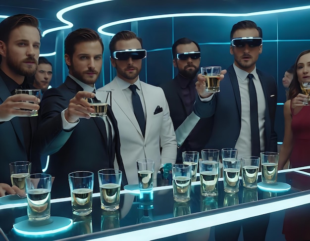 A futuristic party with guests drinking from levitating glasses