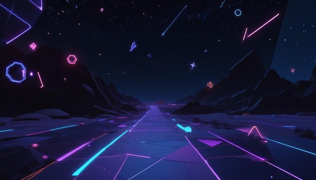 A futuristic path leading into the distance with various geometric shapes and objects floating