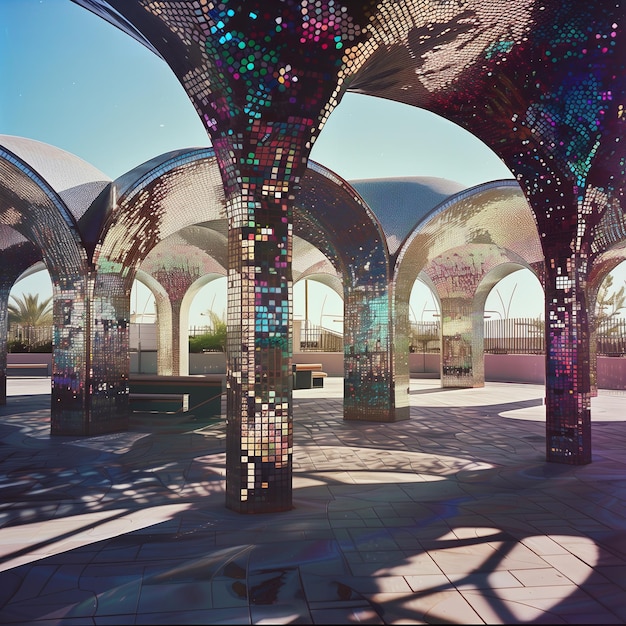 Futuristic pavilion with mosaiclike glittering surfaces ethereal magical architectural