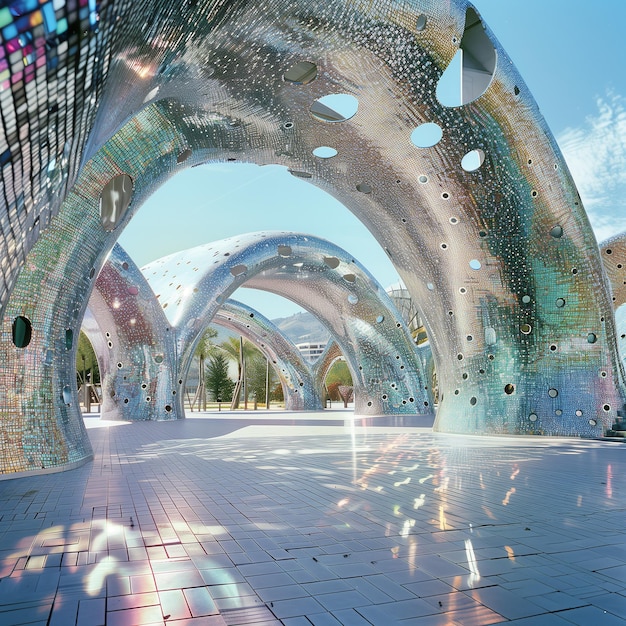 Futuristic pavilion with mosaiclike glittering surfaces ethereal magical architectural