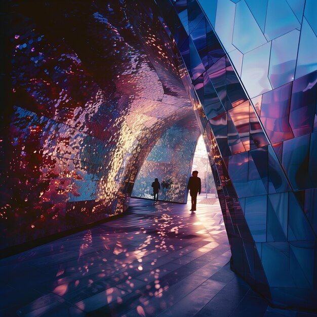 Futuristic pavilion with mosaiclike glittering surfaces ethereal magical architectural