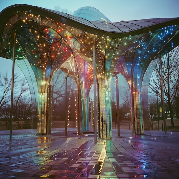 Futuristic pavilion with mosaiclike glittering surfaces ethereal magical architectural