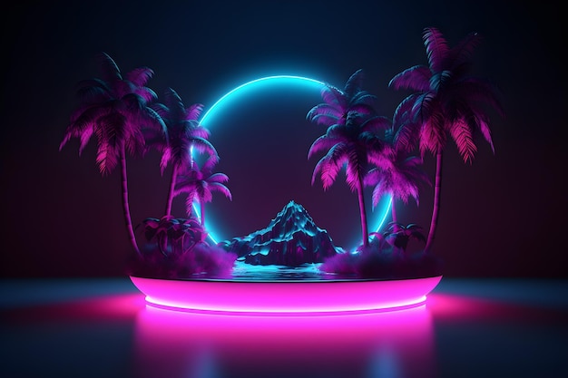 futuristic pedestal podium display with neon lights and palm trees