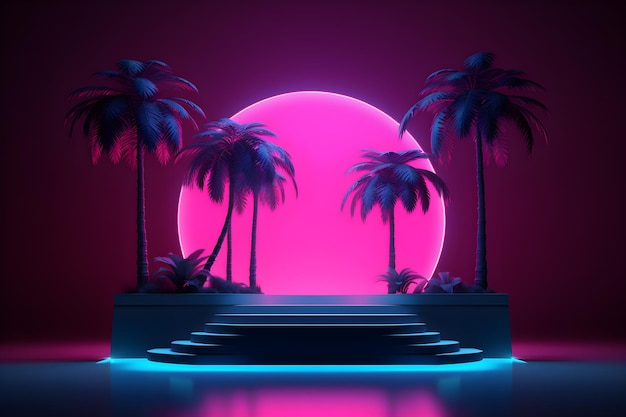 futuristic pedestal podium display with neon lights and palm trees